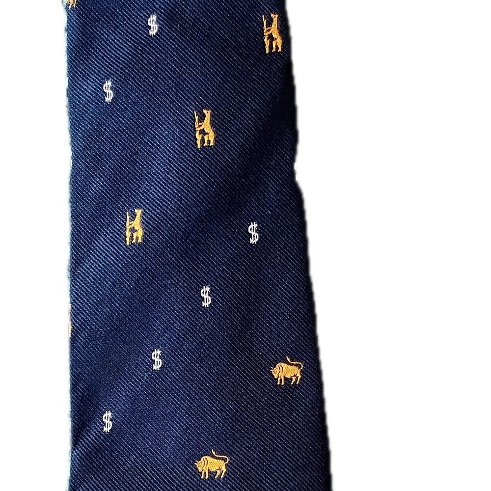 Vintage J. Press Burlington Knot Navy Silk Tie Bull Bear Dollar Sign Made in UK
